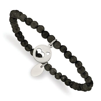 Stainless Steel Polished Hearts Black Jade Beaded Stretch Bracelet