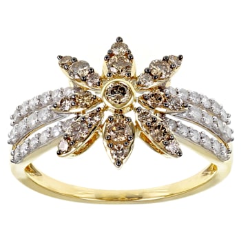 Champagne And White Diamond 10k Yellow Gold Cluster Ring 0.70ctw