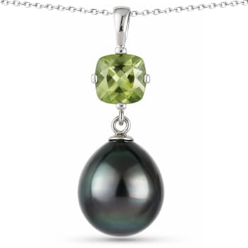 Black Tahitian Pearl and Peridot Sterling Silver Teardrop Pendant With
Chain 1.05ct