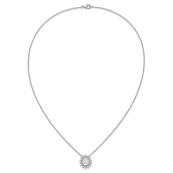 Rhodium Over Sterling Silver Lab Created Opal and Cubic Zirconia Oval
Halo Necklace