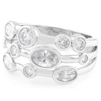 Oval And Round Moissanite Multi-Row Ring In Platinum-Enhanced Sterling Silver