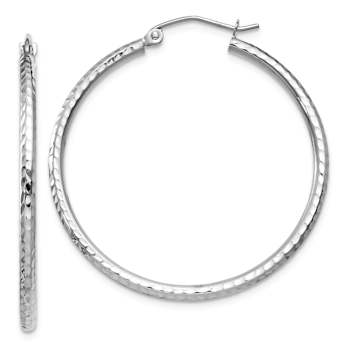 Rhodium Over 14k White Gold 1 3/8" Diamond-cut Round Tube Hoop Earrings