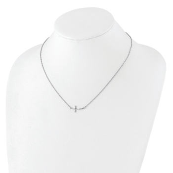 Rhodium Over Sterling Silver Small Sideways Curved Cross Necklace