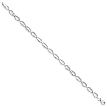 Rhodium Over 10k White Gold 5mm Polished and Textured Oval Link Bracelet