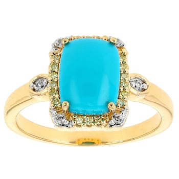 Turquoise With White Zircon And Yellow Diamond Ring In 18K Gold Over
Sterling Silver 0.13ctw