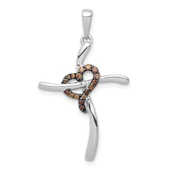 Rhodium Over 14k White Gold Champagne Diamond Heart Cross Pendant