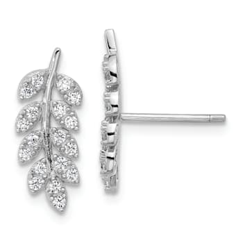 Rhodium Over Sterling Silver Polished Cubic Zirconia Leaf Post Earrings