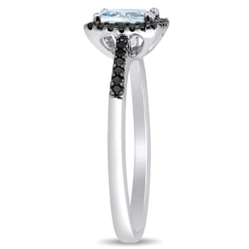 Aquamarine and Black Diamond 10K White Gold Halo Ring 0.99ctw