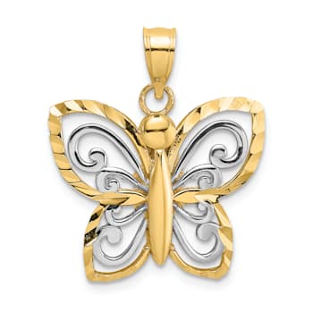 14k Yellow Gold and Rhodium Over 14k Yellow Gold Diamond-Cut Butterfly Charm