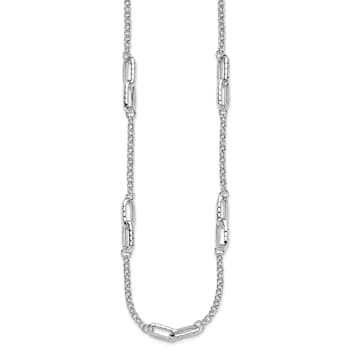 Rhodium Over Sterling Silver Polished and Hammered Link Necklace