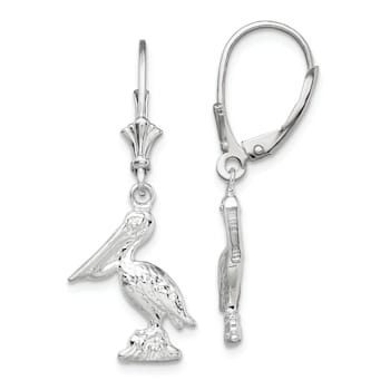 Rhodium Over Sterling Silver Polished 3D Small Pelican Leverback Earrings