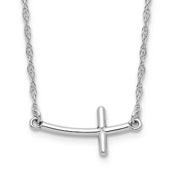 Rhodium Over Sterling Silver Small Sideways Curved Cross Necklace