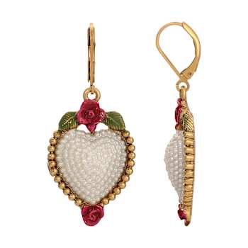 Gold Tone Faux Pearl Red Flower Heart Leverback Earrings