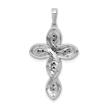 Rhodium Over 14K White Gold White and Blue Diamond Cross Pendant