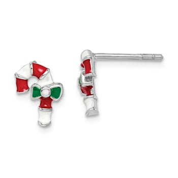 Rhodium Over Sterling Silver Enamel Candy Cane Post Earrings