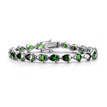 Emerald Color CZ Pear Shape Tennis Bracelet In White Rhodium Over Brass