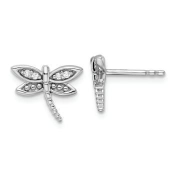 Rhodium Over Sterling Silver White Diamond Dragonfly Post Earrings