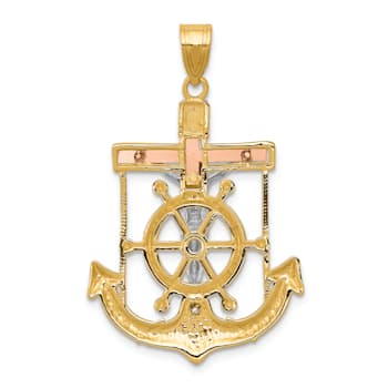 14K Yellow, White and Rose Gold Diamond-cut with Textured Mariner's
Cross Pendant