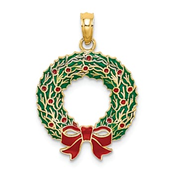 10K Yellow Gold Red and Green Enameled Christmas Wreath Charm