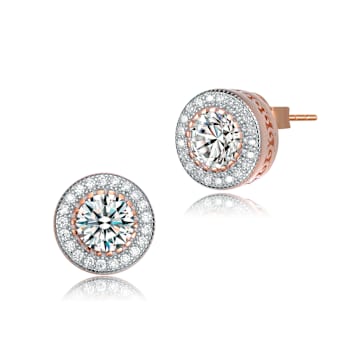 CZ Halo Stud Earrings In 18K Rose Gold Over Brass