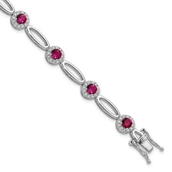 Rhodium Over Sterling Silver Fancy Lab Created Ruby and Cubic Zirconia Bracelet