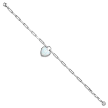 Rhodium Over Sterling Silver Lab Created Opal Heart Paperclip Link with
1-inch Extension Bracelet