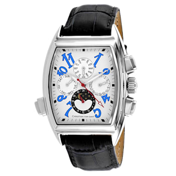 Christian Van Sant Men's Grandeur White Dial with Blue Accents, Black
Leather Strap Watch