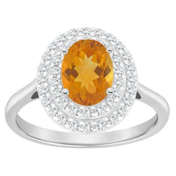 8x6mm Oval Citrine And White Topaz Accents Rhodium Over Sterling Silver
Double Halo Ring