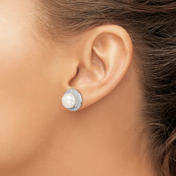 Rhodium Over Sterling Silver 8-9mm White Button Freshwater Cultured
Pearl Cubic Zirconia Earrings