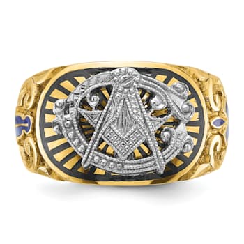 10K Two-Tone Yellow and White Gold Men's Textured and Enameled Masonic
Blue Lodge Ring