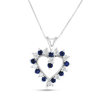 0.88ctw Blue Sapphire and White Diamond Heart Shaped Pendant 14k White Gold