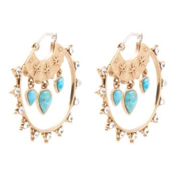Barse Jewelry Blue Composite Turquoise Gold Tone Hoop Earrings
