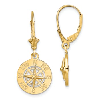 14k Yellow Gold Mini Nautical Compass Dangle Earrings