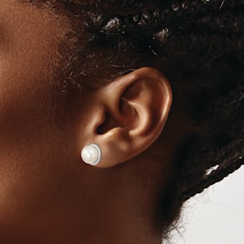 Rhodium Over Sterling Silver 8-9mm White Button Freshwater Cultured
Pearl Post Earrings