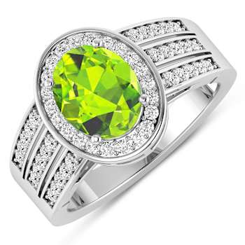 2.04ctw Green Peridot and Diamond 14K White Gold Halo Ring