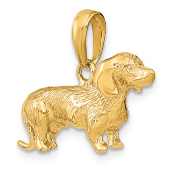 14k Yellow Gold Solid Polished and Textured 3D Wire Haired Dachshund Pendant