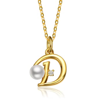 Initial D Pendant And White Pearl Necklace With CZ In 14K Gold Over Brass