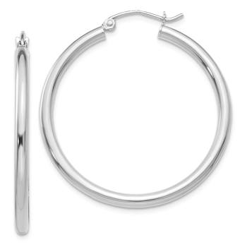 Rhodium Over 14k White Gold Polished 1 3/8" Tube Hoop Earrings