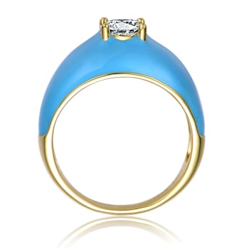 CZ And Blue Enamel Dome Ring In 14K Gold Over Brass