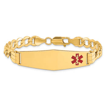 14k Yellow Gold Medical Soft Diamond Shape Red Enamel Curb Link ID Bracelet
