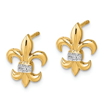 Rhodium Over 14k White Gold Diamond Fleur De Lis Stud Earrings