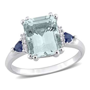 Aquamarine, Blue Sapphire and Diamond 14K White Gold 3-Stone Ring 3.19ctw