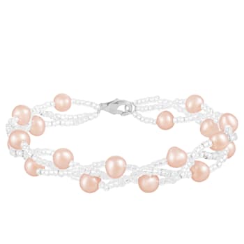 6-7mm Pink Cultured Freshwater Pearl Silver  Bracelet