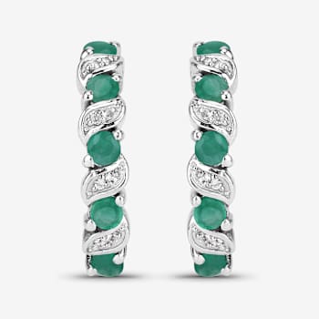 Green Emerald and White Topaz Sterling Silver Hoop Earrings
