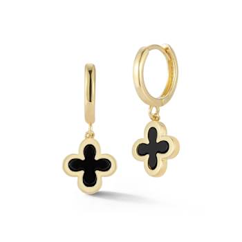 Bellissima Gold 14K Yellow Gold Onyx Clover Charm Huggie Hoop Earrings