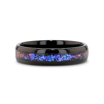 COSMIC Black Tungsten Ring with Crushed Alexandrite and Dark Blue and
Purple Crushed Goldstone 4mm