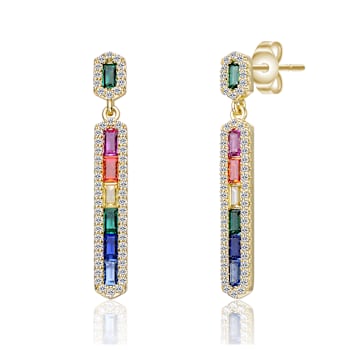 Multi-Color CZ Linear Drop Earrings In 14K Gold Over Sterling Silver
