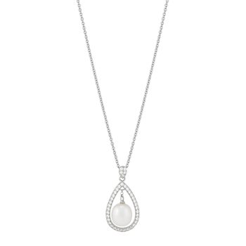 8.5-9mm Round White Freshwater Pearl and Cubic Zirconia Sterling Silver
Drop Pendant with Chain