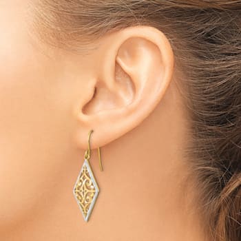 14K Yellow Gold and Rhodium Over 14K Yellow Gold Textured Diamond Shape
Filigree Dangle Earrings