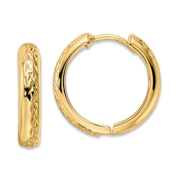 14k Yellow Gold Polished and Textured 9/16" Hinged Hoop Earrings